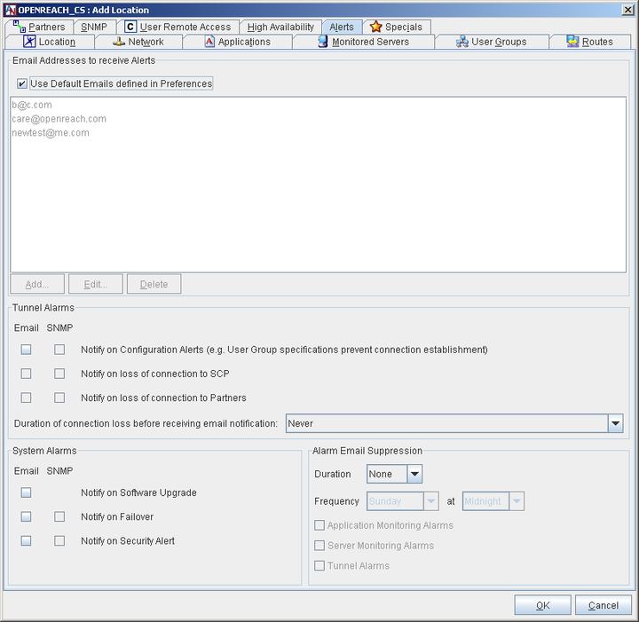 This screenshot shows the Alerts tab in App Net Manager.