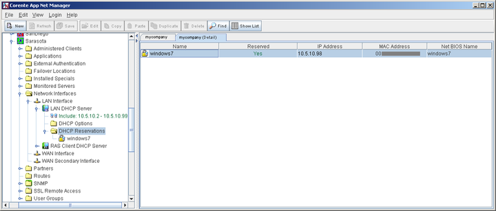 This screenshot shows the DHCP Reservations details displayed in App Net Manager when the Location category is selected in the domain directory.