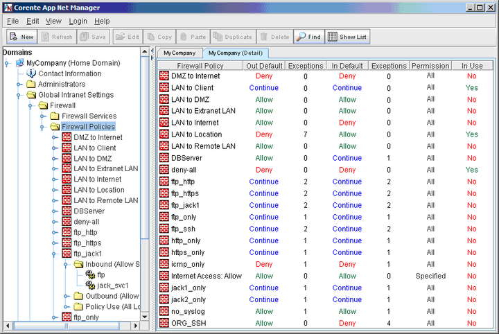 This screenshot shows the Firewall Policies window.