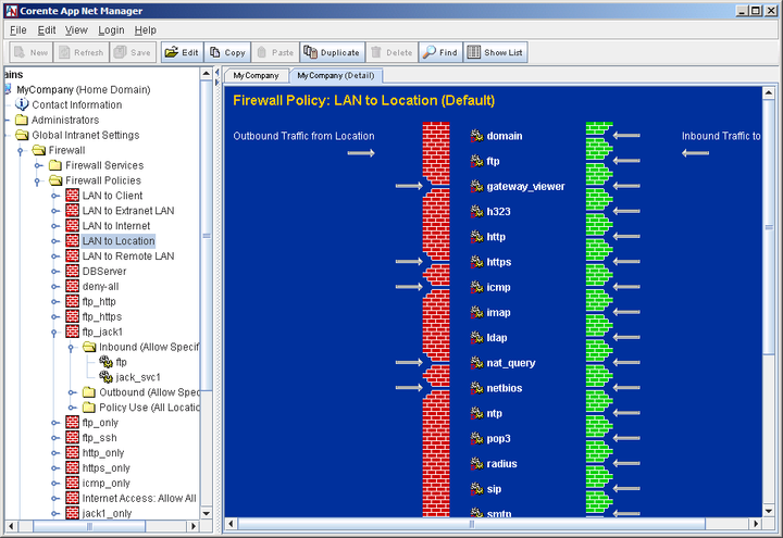 This screenshot shows the Firewall Policy interface in App Net Manager.