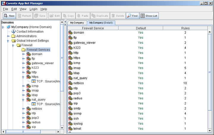 This screenshot shows the Firewall Services in App Net Manager.