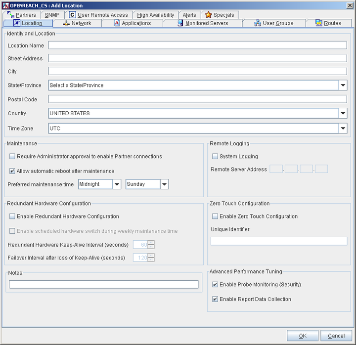 This screenshot shows the Location form in App Net Manager.