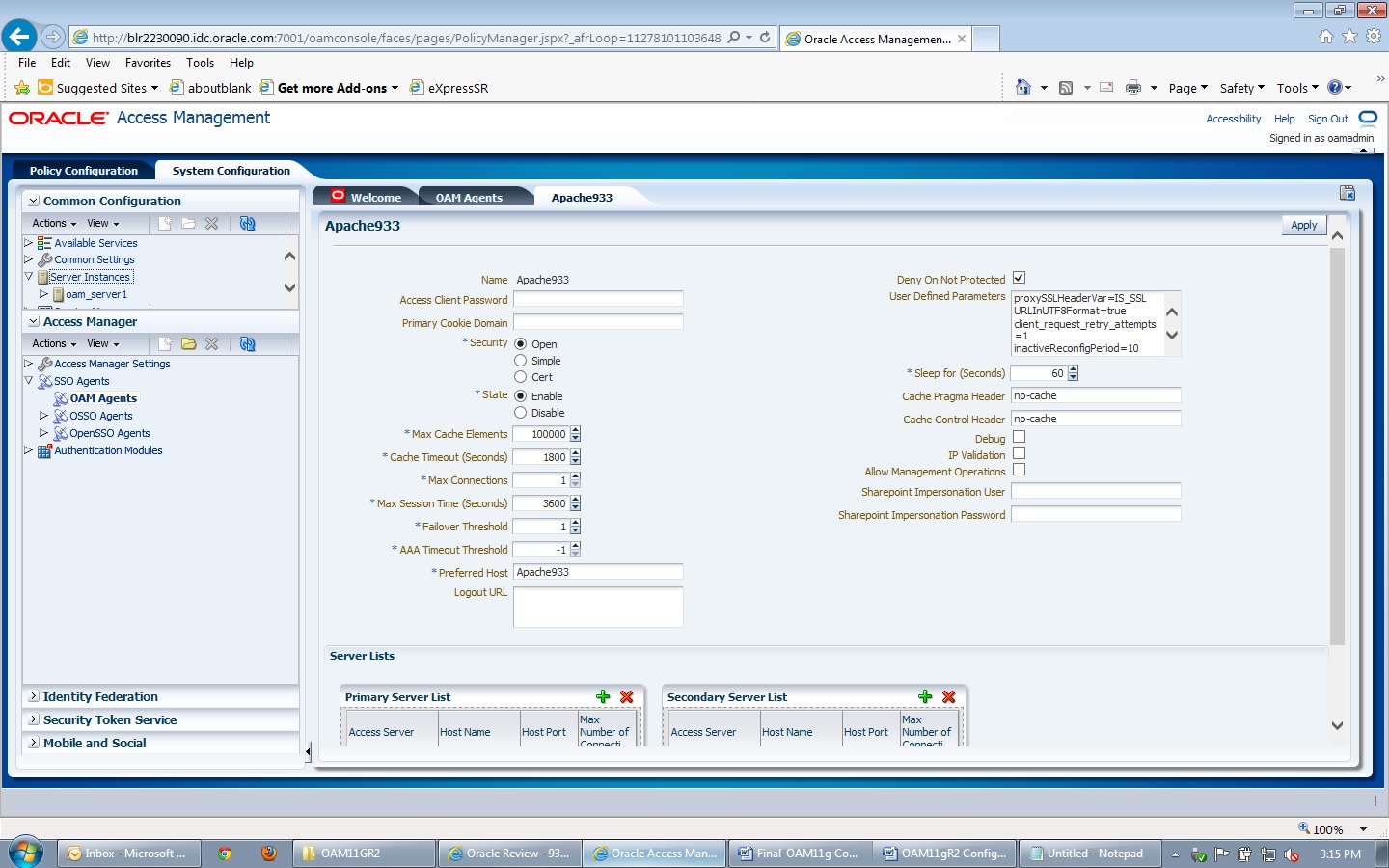 Screenshot: adding a WebGate Agent