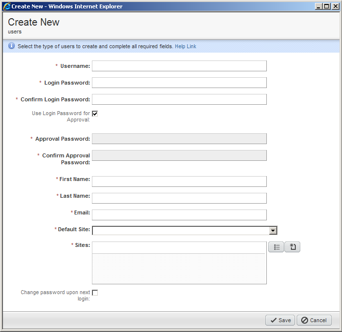 Create New User Dialog