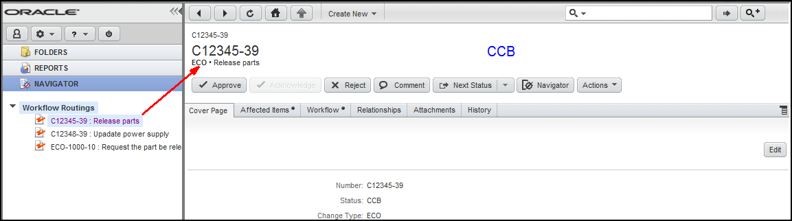 Navigator drawer workflow routing displayed content pane