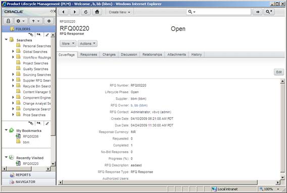 RFQ Cover Page in Advanced Wizard Edit Mode