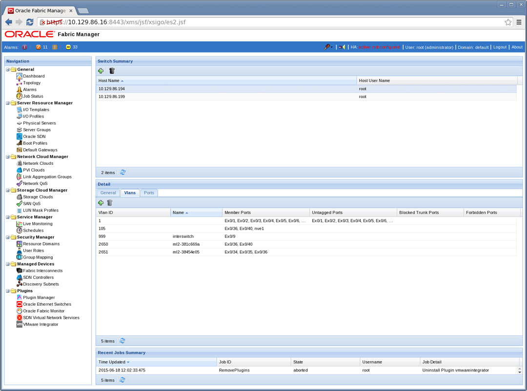 image:Screen capture from Oracle Fabric Manager showing VLANs connected to hosts on the VLAN Cloud associated with the tenant network
