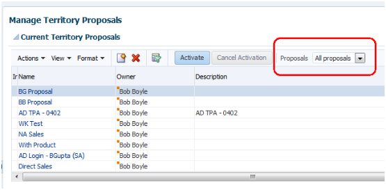 Proposals list in the Manage Territory Proposals page