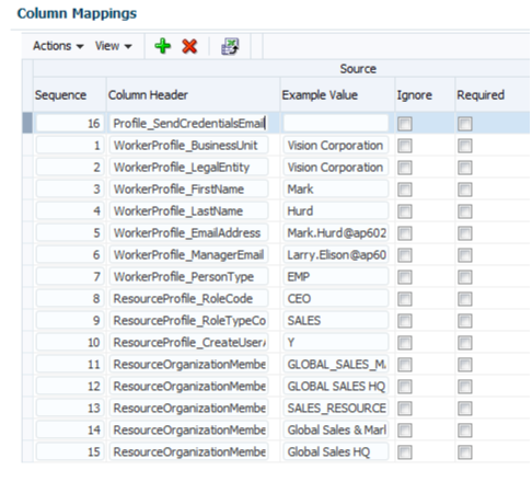 Column Mappings region