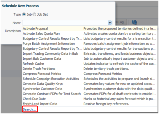 Schedule New Process window search