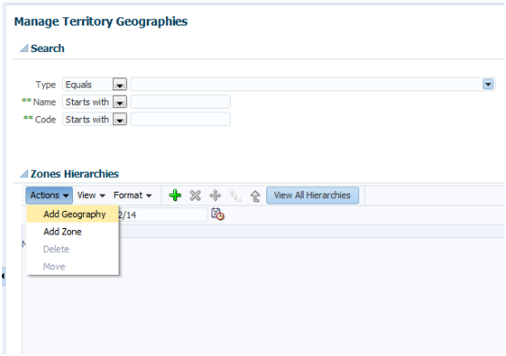 Actions menu in Manage Territory Geographies page