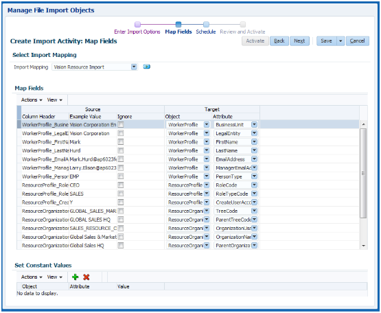 Create Import Activity: Map Fields page
