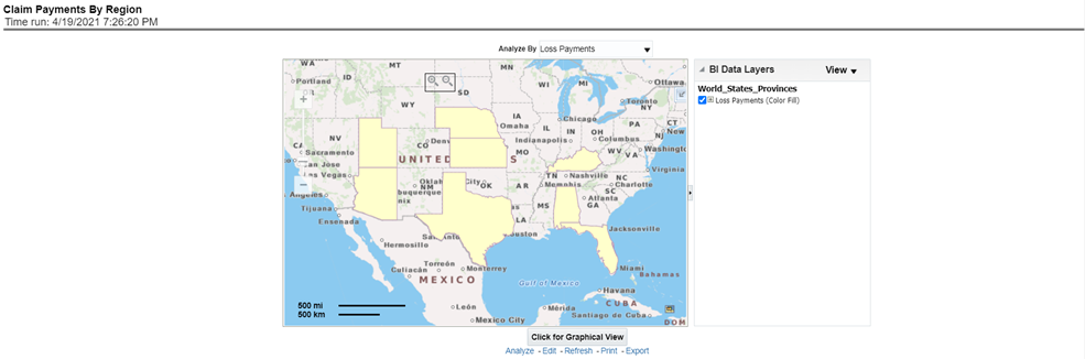 Title: Description of Claim Payments by Region Report follows - Description: This report illustrates the claim payment like loss payments, catastrophic claim payments, and litigation claim payments through the geographical map and a drill through time series. This report can be viewed over various periods, company, geography, product, and lines of business selected from page-level prompts.