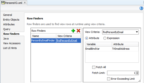 View object editor displays a row finder