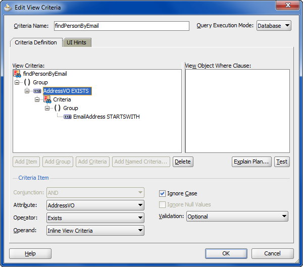 View Criteria dialog displays inline criteria