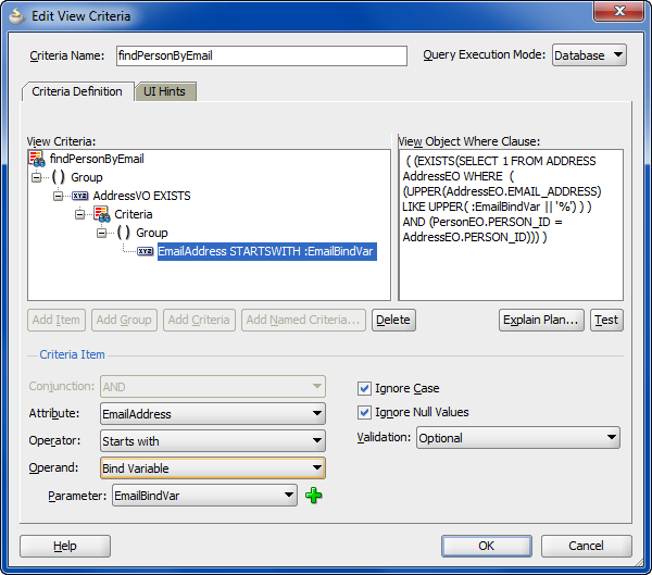 View Criteria dialog displays inline criteria