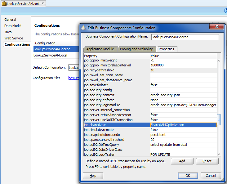 Edit Configuration dialog jbo.shared.txn property setting