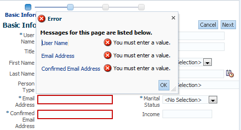 FOD customer registration form with validation errors