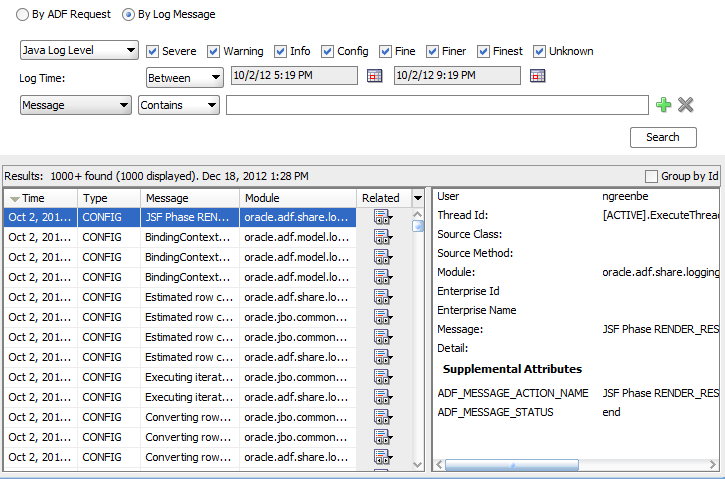 Log analyzer display Java log messages