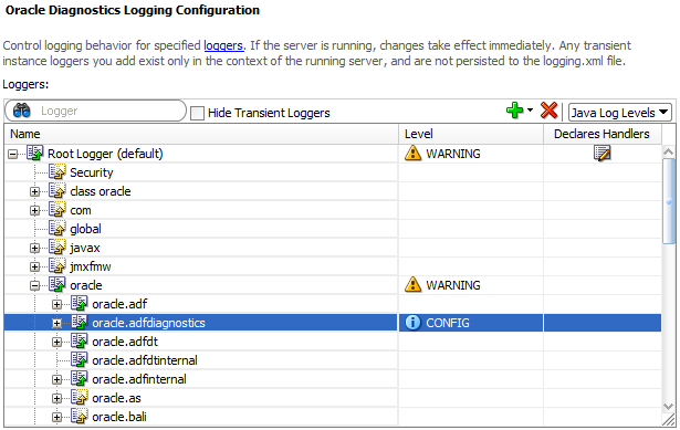 Enabling ADF logger debug diagnostics