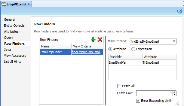 View object editor displays a row finder