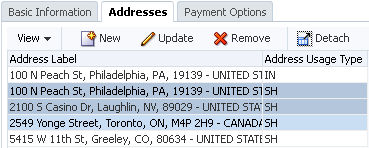 Addresses table with 3 rows selected