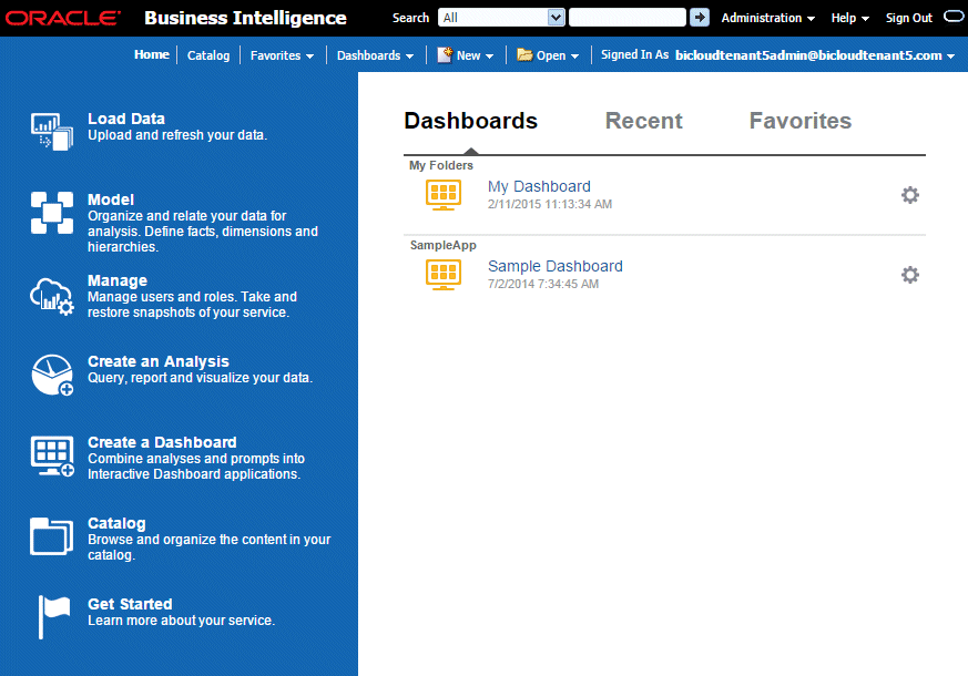 Oracle BI Cloudの「Home」ページ