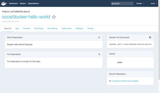 Docker Hubの「Automated Build」ページ、「Repo Info」タブ