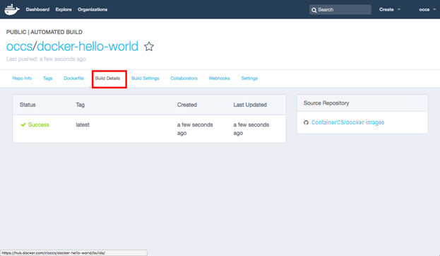 Docker Hubの「Automated Build」ページ、「Build Details」タブ