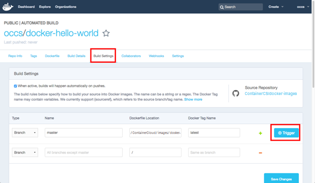 Docker Hubの「Automated Build」ページ、「Build Settings」タブ