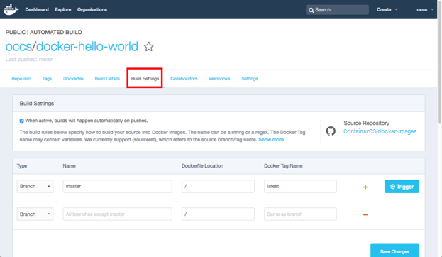 Docker Hubの「Automated Build」ページ、「Build Settings」タブ