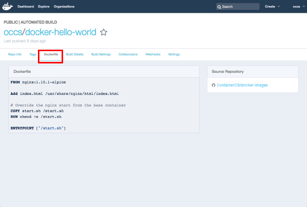 Docker Hubの「Automated Build」ページ、「Dockerfile」タブ