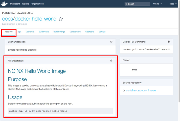 Docker Hubの「Automated Build」ページ、「Repo Info」タブ