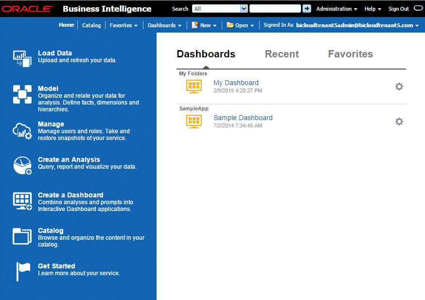 Oracle BI Cloudの「Home」ページ