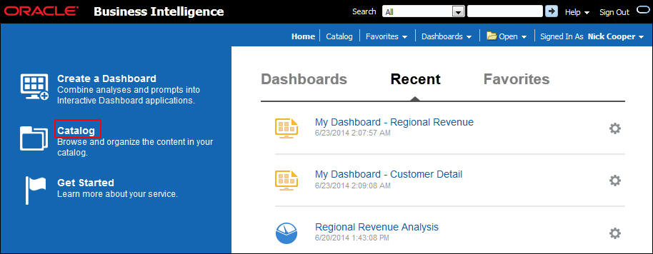 Oracle BI Cloudの「Home」ページ