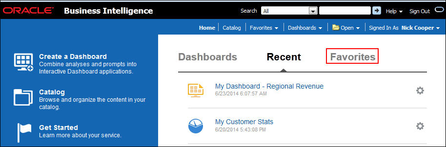 Oracle BI Cloudの「Home」ページ