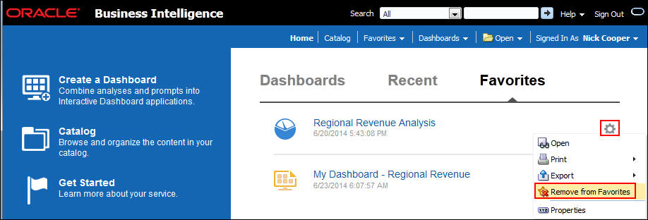 「Home」ページの「Favorites」セクション