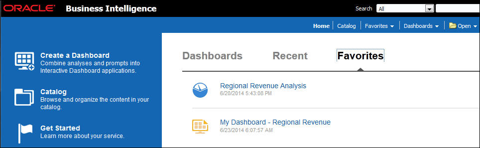 Oracle BI Cloudの「Home」ページ