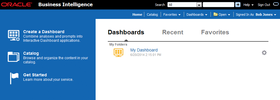 Oracle BI Cloud Serviceの「Home」ページ
