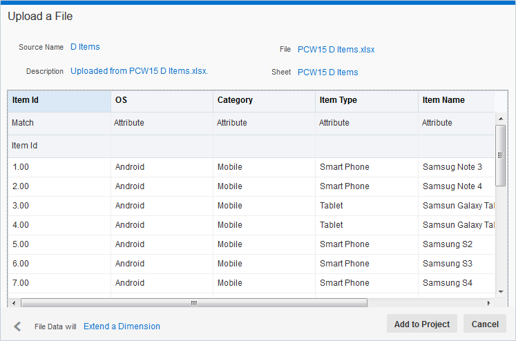 「ファイルのアップロード」ダイアログでデータをプレビューします