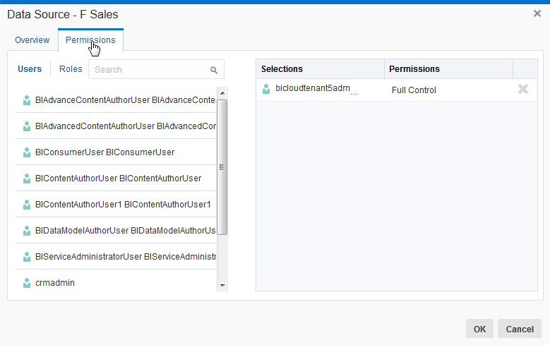 「データ・ソース」ダイアログの「権限」タブ