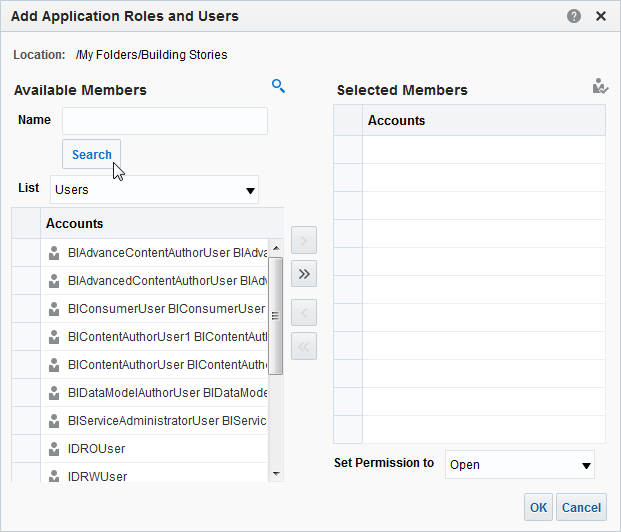 「アプリケーション・ロールおよびユーザーの追加」ダイアログでユーザーのリストを検索