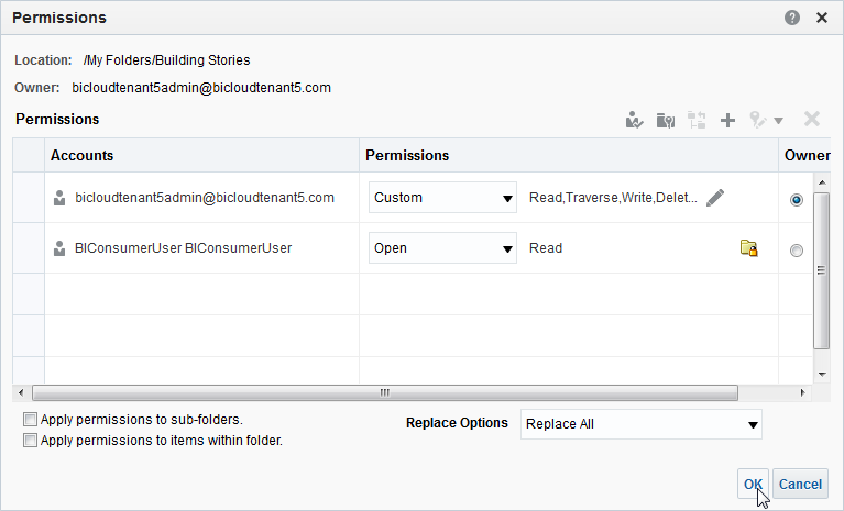「権限」ダイアログにアカウントとこのカタログ・オブジェクトに対する権限が表示されます