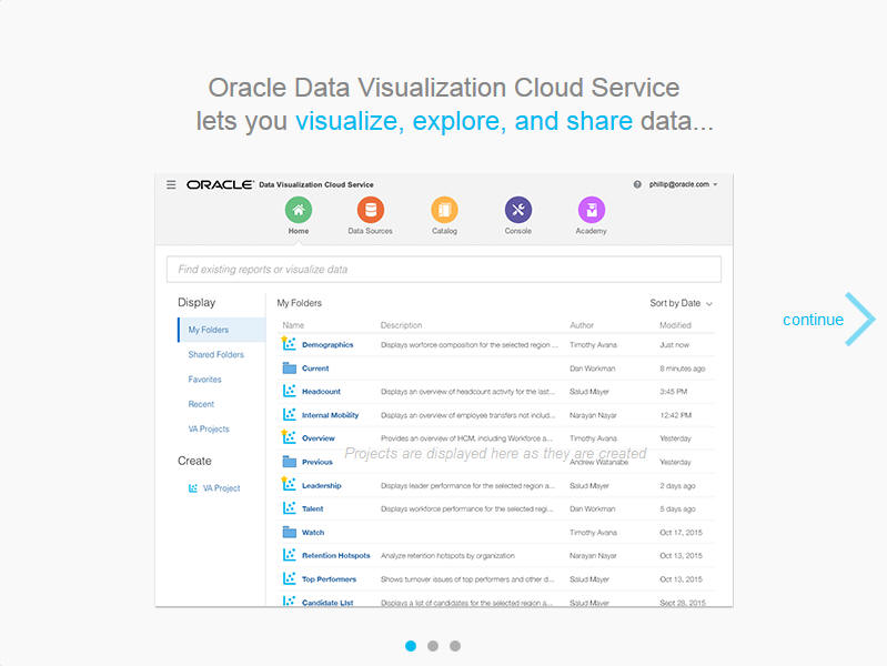 Oracle Data Visualization Cloud Serviceツアーの表示。