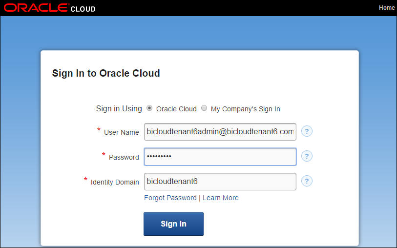 Oracle BI Cloudのサインイン・ページ