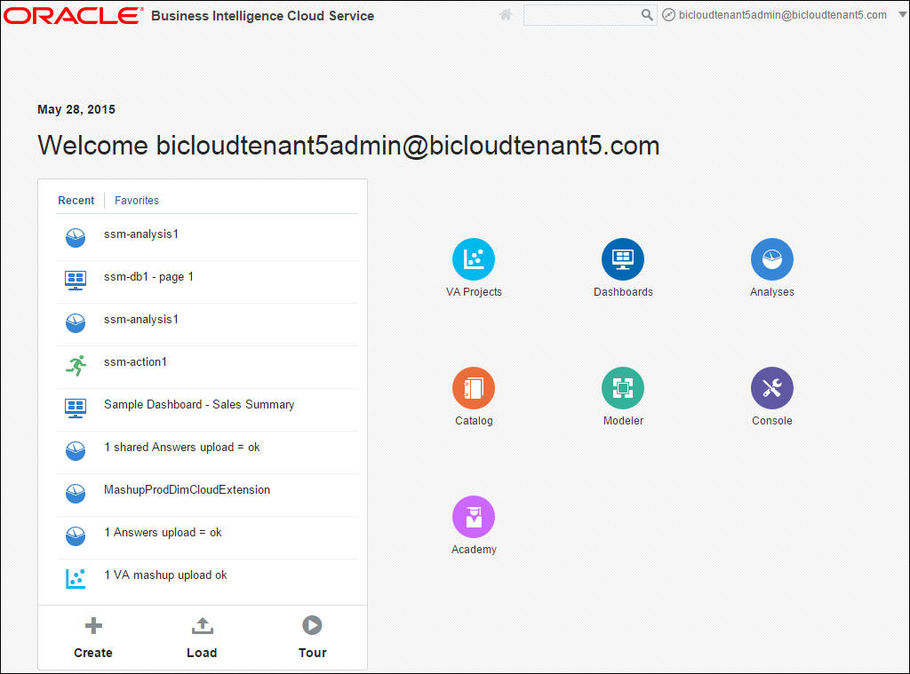 Oracle BI Cloudの「Home」ページ