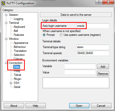 「Data」を選択、oracleを指定