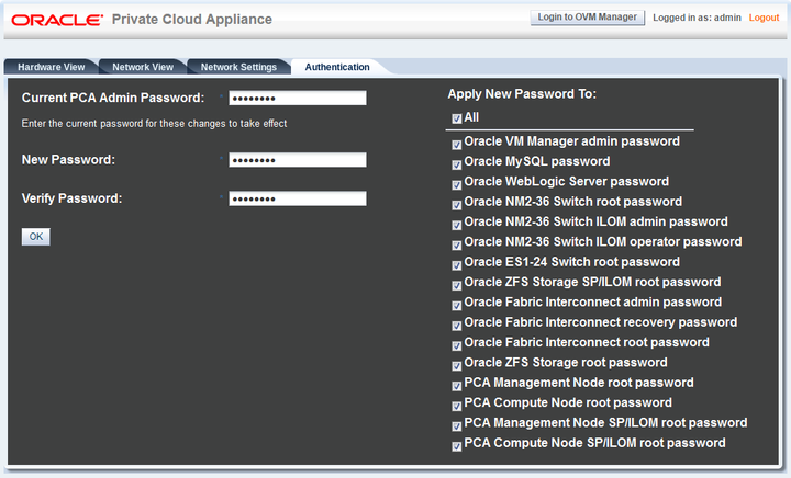 Screenshot showing the Authentication tab of the Oracle Private Cloud Appliance Dashboard.
