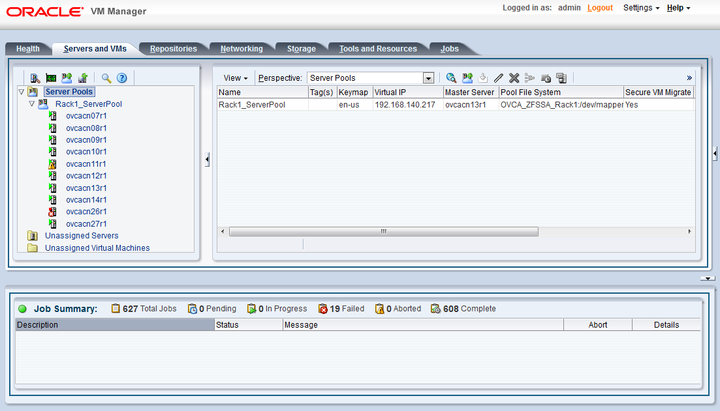 Screenshot showing the Servers and VMs tab of the Oracle VM Manager user interface.