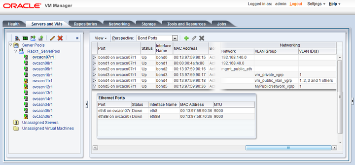 Screenshot showing the Servers and VMs tab of the Oracle Private Cloud Appliance Dashboard. Details are shown of the network configuration on one of the compute nodes that was added to the new custom network.